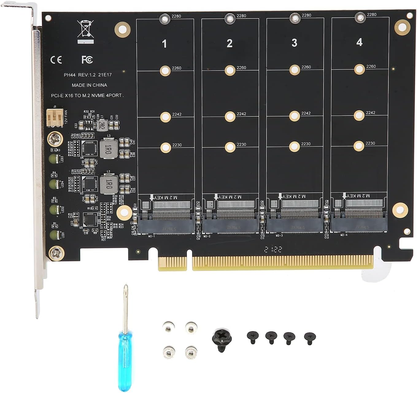 PH44 - 4 Port NVMe to PCIe Host Controller Expansion Card, M.2 NVME to PCIe X16 Adapter, Support for 2230 2242 2260 2280, Win8, Win10, Win11, 4×32Gbps, with Mounting Accessories -- 30 Day TTE.Ca Warranty
