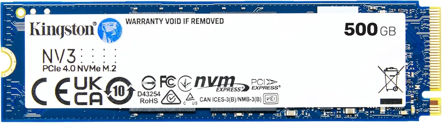 Kingston NV3 PCIe 4.0 NVMe SSD - 500GB SSD - PCIe NVMe - M.2, Up to 5000 MB/s - Limited 3 Year Kingston warranty with free technical support