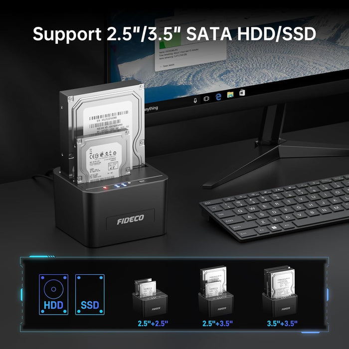 External Hard Drive Docking Station, Hard Drive Dock for 2.5 and 3.5 inch SATA HDD SSD, HDD Docking Station with Dual Bay, USB 3.0 Hard Drive Reader, Support Offline Clone and UASP