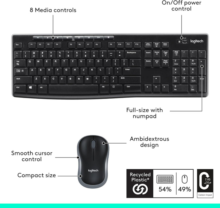 Logitech MK270 Wireless Keyboard and Mouse Combo for Windows, 2.4 GHz Wireless, Compact Mouse, 8 Multimedia and Shortcut Keys, Long Battery Life, for PC, Laptop -- Logitech Warranty
