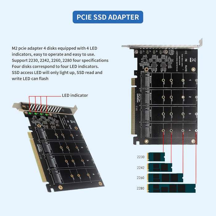 PH44 - 4 Port NVMe to PCIe Host Controller Expansion Card, M.2 NVME to PCIe X16 Adapter, Support for 2230 2242 2260 2280, Win8, Win10, Win11, 4×32Gbps, with Mounting Accessories -- 30 Day TTE.Ca Warranty