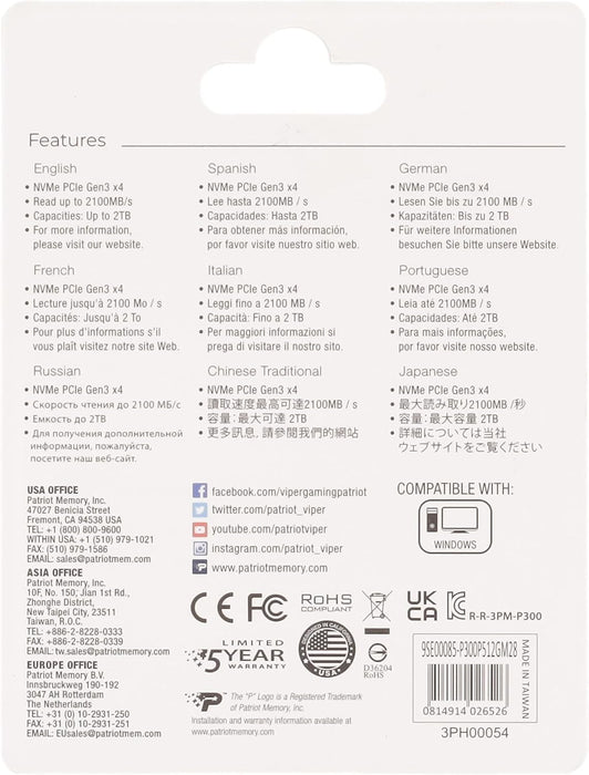 Patriot P300 NVME M.2 PCIe Gen 3 x4 512GB Low-Power Consumption SSD -- Patriot Warranty