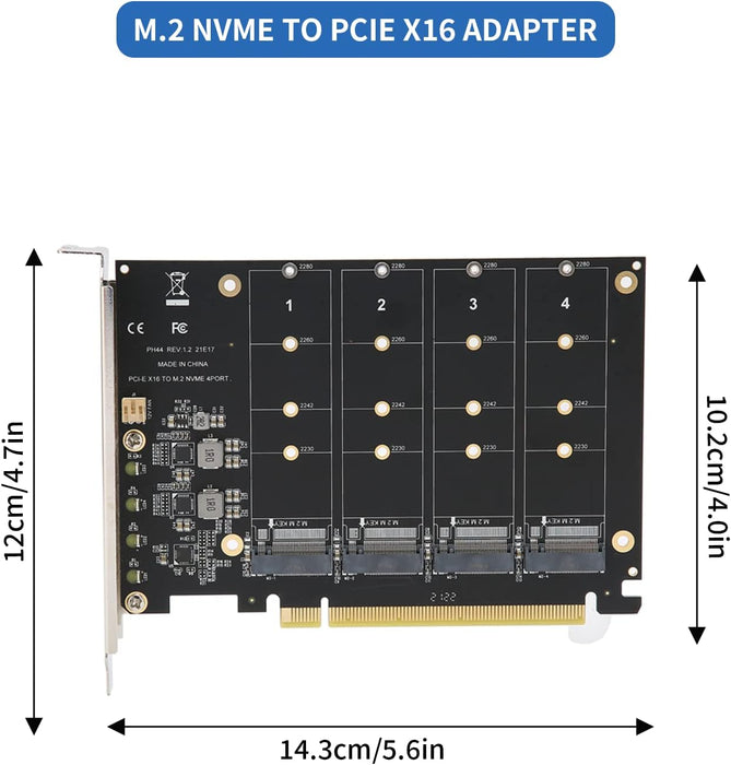 PH44 - 4 Port NVMe to PCIe Host Controller Expansion Card, M.2 NVME to PCIe X16 Adapter, Support for 2230 2242 2260 2280, Win8, Win10, Win11, 4×32Gbps, with Mounting Accessories -- 30 Day TTE.Ca Warranty