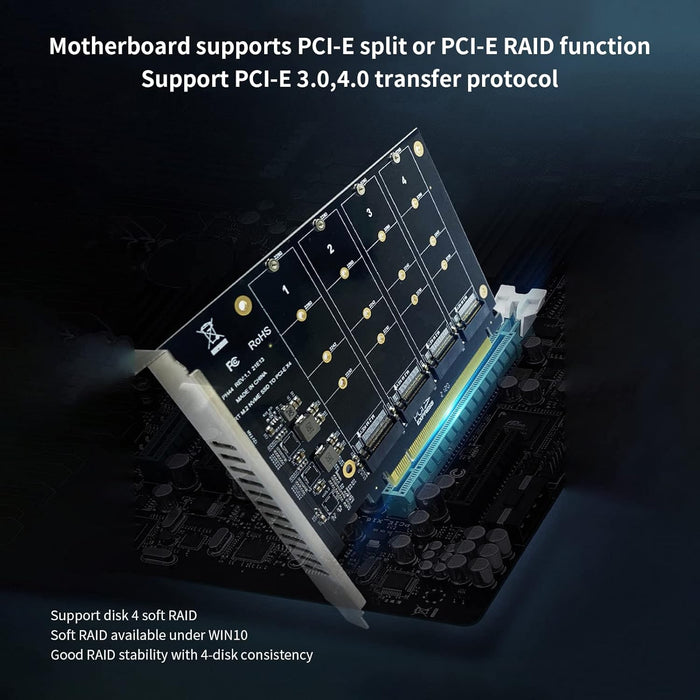 PH44 - 4 Port NVMe to PCIe Host Controller Expansion Card, M.2 NVME to PCIe X16 Adapter, Support for 2230 2242 2260 2280, Win8, Win10, Win11, 4×32Gbps, with Mounting Accessories -- 30 Day TTE.Ca Warranty