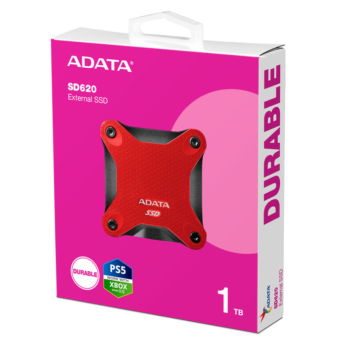 ADATA SD620 - SSD - 1 TB- external (portable) - USB 3.2 Gen 2 (10Gbps) - Red Colour, shock-resistant, meeting the rigorous MIL-STD-810G 516.6 standard, FCC, KC, EAC, UKCA, WEEE, RoHS -- 5 Year ADATA Warranty