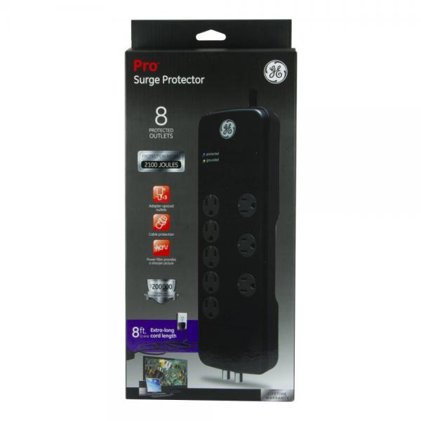 GE Surge Protector - 8 Outlets, 8 ft. Cord w/ Low Profile Plug, 2100 Joules, Twist-to-Lock Safety Covers, 2100 Joules