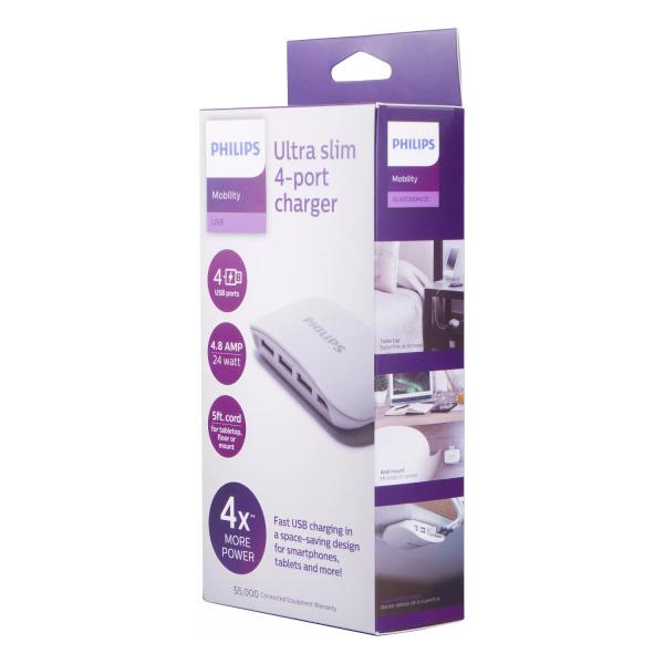 Philips 4 Port USB Charging Station - Powered - 24W 2.8A - (4.8 Amp Max) White Colour