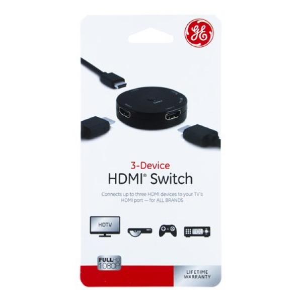 GE 3-way HDMI Switch, Connect 3 devices with HDMI output to a single HDMI display. Supports HDTV resolution up to 1080p