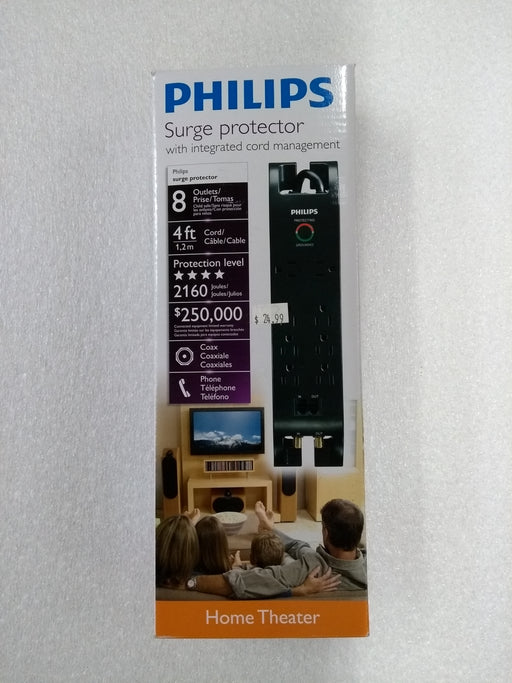 Philips Surge Protector, 8 Outlets, 4 ft. Cord, 2160 Joules -- 30 DAY TTE.CA WARRANTY