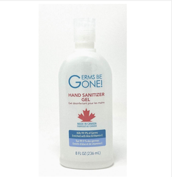 Germs Be Gone! - Hand Sanitizer GEL -
Ethyl alcohol 65% - 236ML 8FL OZ --  Made In Canada!