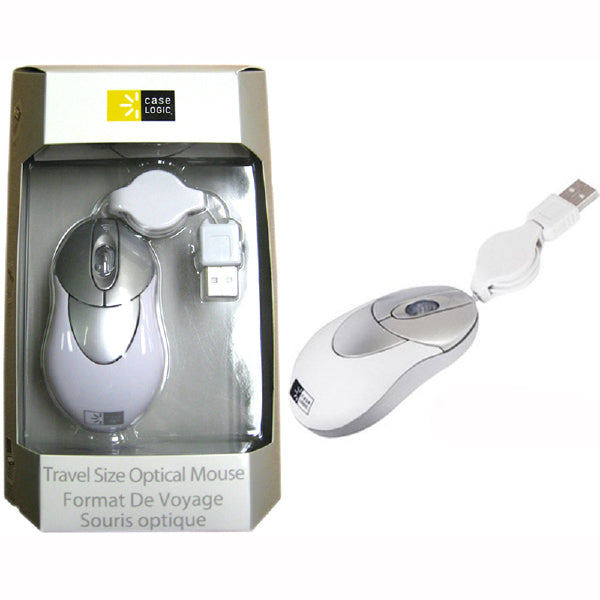 CaseLogic Travel Size Optical Mouse with Retractable USB Cord - White Colour